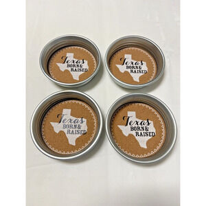 Texas Born & Raised Drink Coasters Metal with Cork Inlay Set of 4 Quality NEW!